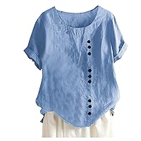 Shirts for Women Casual Round Neck Roll Up Short Sleeve Floral Printed Tops Cotton Linen Button Down Tops