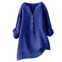 Drop Shoulder Cotton Linen Henley Tunic Tops for Womens 3/4 Roll-Up Sleeve V Neck T-Shirts Summer Casual Oversized Blouses