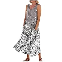 Linen Dress Plus Size Linen Dress for Women 2024 Bohemian Print Sparkly Fashion Loose Fit with Sleeveless U Neck Summer Dresses Gray Medium