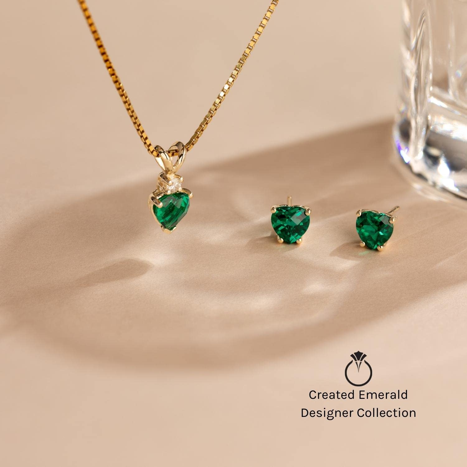 Peora Created Emerald with Genuine Diamond Pendant for Women 14K Yellow Gold, Elegant Teardrop Solitaire, Pear Shape, 10x7mm, 1.75 Carats total