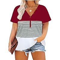 RITERA Plus Size Women Shirts Color Block Tunic Top V-Neck Button Short Sleeve Casual T-Shirt Blouse Wine red 4XL