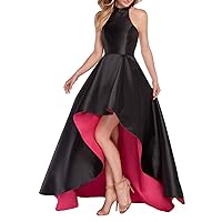 Halter High Low Prom Dresses with Pockets Stain Sleeveless Evening Dress Black for Women
