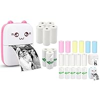 Mini Pocket Printer Set with 8 Rolls Printing Paper + 16 Rolls Thermal Paper Set, Including Sticker/Colored Plain/White Plain Paper, Pink