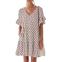 nclook Women's Summer Casual Dress Sweet & Cute V-Neck Mini Dress with Pocket Short Sleevele Ruffle Dress