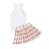 1-6Y Kids Baby Girls A-line Skirt Sets, Plain Ribbed Sleeveless Tank Tops Plaid Ruffle Mini Pleated Skirts