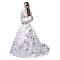 Women's Strapless Satin Burgundy Embroidery Wedding Dress Bridal Gown