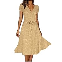 Lightning Deals of Today Prime Women's Summer Long Party Dress Short Sleeve V-Neck Sun Dress Polka Dot Flowy Sundress Casual Midi Dress with Belt Robe Ceremonie Femme