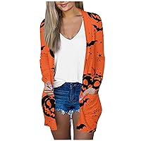 Fall Maxi Cardigans for Women Plus Size Halloween Pumpkin Cardigan Long Sleeve Open Front Outerwear with Pockets