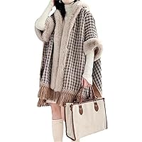 Winter Faux Fur Coat Cape Hood Plaid Wool Blends Cardigan Overcoat Long Loose Slim Cloak Thicken Warm Women Wraps