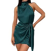 ZESICA Women's 2023 Fashion Satin Sleeveless Halter Neck Tie Waist Wrap Bodycon Cocktail Party Mini Dress