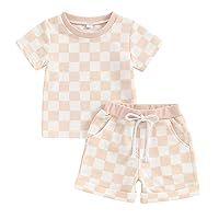 Toddler Baby Girl Outfit Newborn Girl Summer Clothes Short Sleeve T Shirt Checkerboard Top Set Elastic Waist Shorts