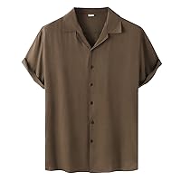 Men's Casual Cotton Linen Short Sleeve Shirts Lightweight Soild Button Down Cuban Shirt Vacation Beach Summer Hawaiian Shirts