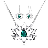 Emerald Lotus Jewelry Set 925 Sterling Silver Emerald Lotus Necklace and Emerald Lotus Earrings Set for Women