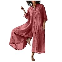 Women'S Jumpsuits, Rompers & Overalls Women's Fashion Loose Casual Solid Color 3/4 Sleeve V-Neck Button Temperament Jumpsuit
