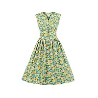 Women's Split Neck Floral Button 1940s Day 1950s Vintage Tea Dress