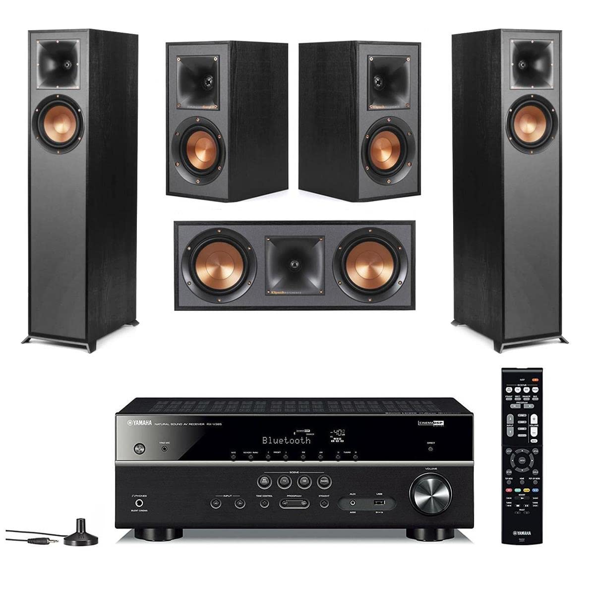 Klipsch Reference 5.0 Home Theater System Bundle with 2X R-610F Floorstanding Speaker, R-52C Center Channel Speaker, 2X R-41M Bookshelf Speaker, RX-V385 5.1 Receiver, Black