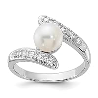925 Sterling Silver Rhodium Plated 6 7mm White Fwc Pearl CZ Cubic Zirconia Simulated Diamond Bypass Ring Jewelry for Women - Ring Size Options: 6 7 8