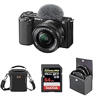 ZV-E10 APS-C Mirrorless Interchangeable Lens Vlogging Camera with 16-50mm Lens, Black - Bundle with 64GB SD Card, Shoulder Bag, 40.5mm Filter Kit