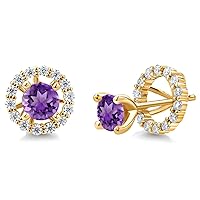 Gem Stone King 18K Yellow Gold Plated Silver Stud Earrings Round Purple Amethyst and Moissanite (1.37 Cttw)