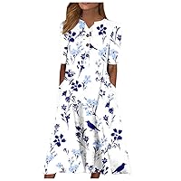Women's Sundresses Casual Beach Summer Dresses Boho Print Tie Neck Sleeve Ruffle Hem Smock Dress, S-2XL