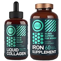 WILD FUEL Iron Supplement for Women with Folic Acid and Liquid Collagen Peptides with Biotin Female Health and Beauty Bundle