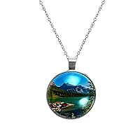 Round Silver Pendant Necklace for Women Girls, Canadian Emerald Lake Scenery Circle Coin Necklace Jewelry