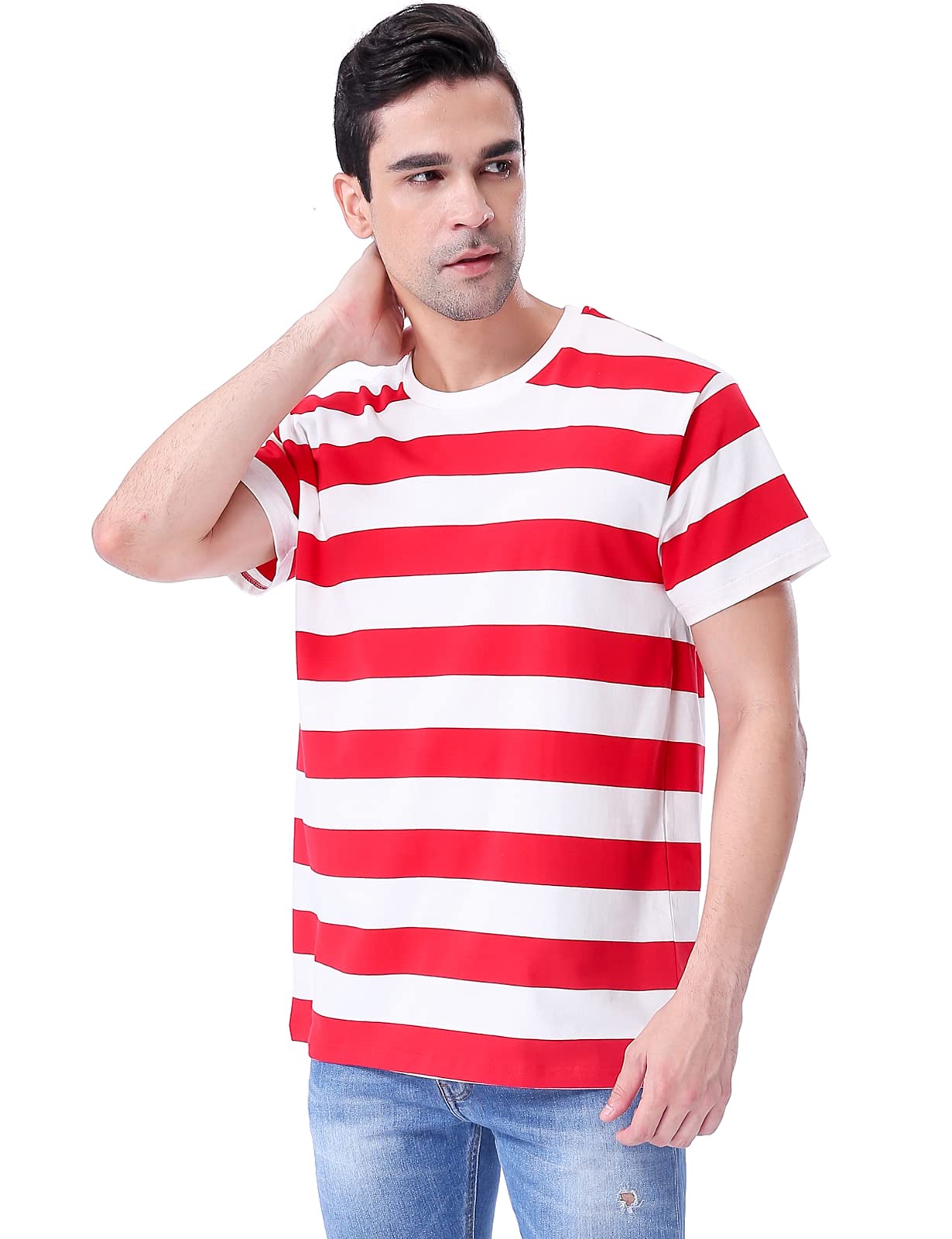 Funny World Men's Cotton Striped T-Shirt Crew Neck Short Sleeves Basic Casual Top