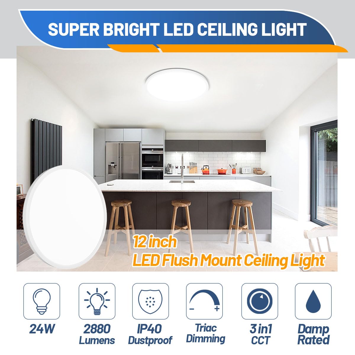 Allsmartlife LED Flush Mount Ceiling Light Fixture, 12inch 24W 2880lm CCT 3000K/4000K/6500K Thin Round Flat Panel Light Surface Mount for Kitchen, Bedroom, Laundry. Dimmable Ceiling Lamp