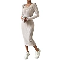 Fall Dresses for Women Solid Contrast Lace Ribbed Knit Bodycon Long Sleeve Knee Length Slim Fit Dress