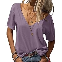 Womens Deep V Neck T Shirts Casual Short Sleeve Loose Fit Basic Fashion Tee Tops