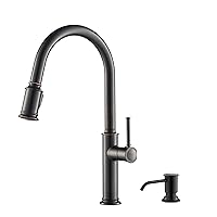 KRAUS Sellette Single Handle Pull-Down Kitchen Faucet with Deck Plate and Soap Dispenser in Oil Rubbed Bronze, KPF-1680ORB-KSD-80ORB