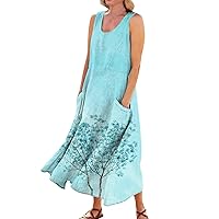 Linen Dress for Women 2024 Summer Flowy Sleeveless Maxi Dress Casual Tank Dress Printed Long Dresses with Pockets