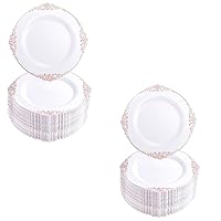 Morejoy 200 Pieces Rose Gold Plastic Plates - Rose Gold Disposable Plates-10.25inch&7.5inch White Plastic Dinner Plates With Rose Gold Rim for Weddings & Parties & Shower