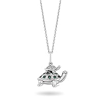 Jewelili Hallmark Fine Jewelry Sterling Silver Created Emerald and Natural White Round Diamond Accents Turtle Pendant Necklace, 18