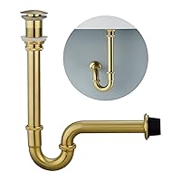 Brass P Trap with Bathroom Sink Stopper : 1-1/4 Sink Drain Bottle Trap Set No Overflow - Adjustable Height, Brushed Gold - Complete Basin Sink Plumbing Kit for Pipe Replacement