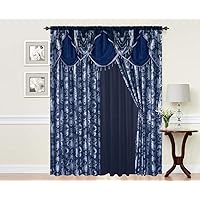 GLORY RUGS Jacquard Luxury Window 2 Panel Set Navy Curtain with Attached Valance and Backing Bedroom Living Room Dining 2 Curtains 55x84 inches Each Jana