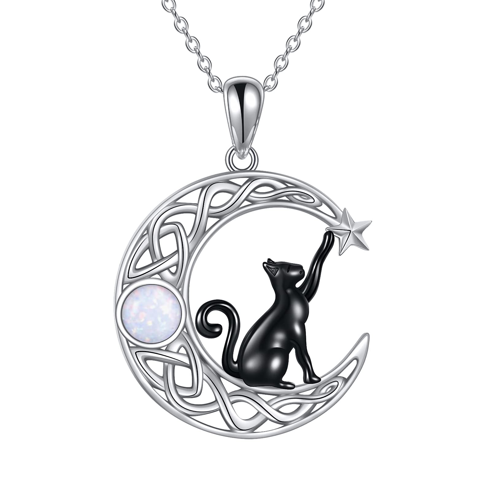 VONALA 925 Sterling Silver Black Cat Necklace with Moon Pendant Jewellery Birthday Gifts for Women Teen Girls