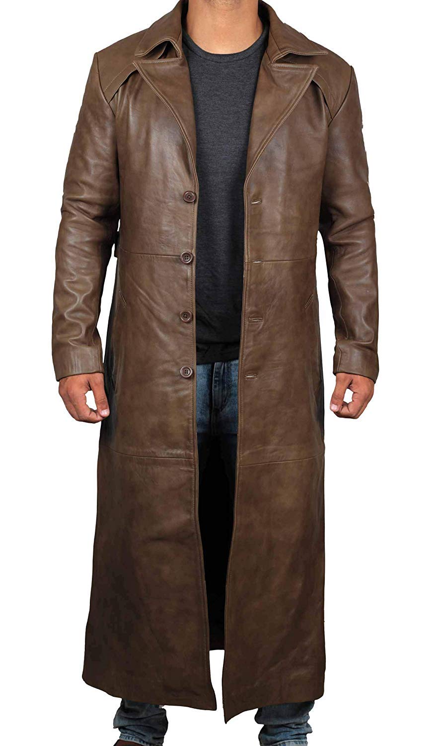 Brown Winter Trench Coat Men - Distressed Black Real Leather Long Overcoat