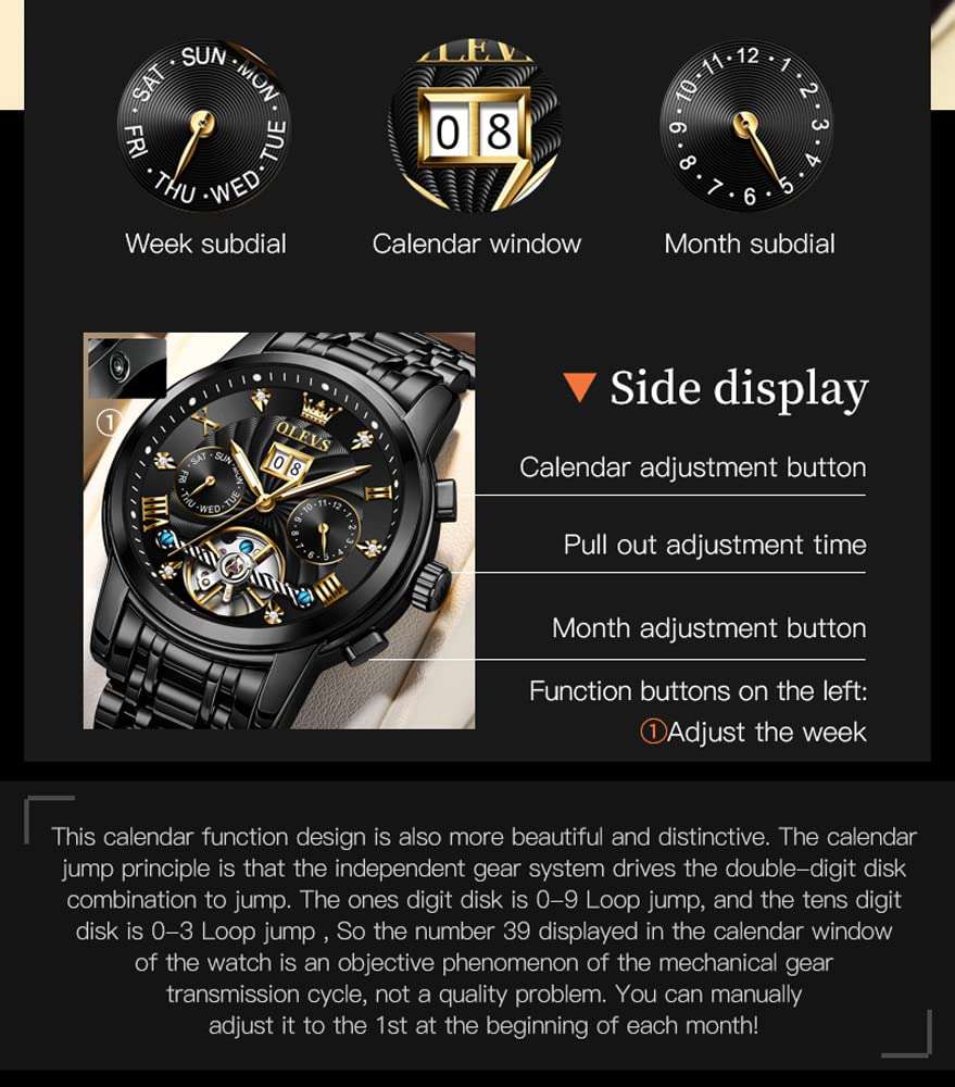 OLEVS Skelett-Armbanduhr für Herren, automatisch, mechanisch, Schwungrad, Steampunk, modisches Lederband, 5 ATM wasserdicht, Saphirglas
