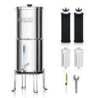 Purewell 2.25G Gravity Water Filter System with Water Level Window, 8-Stage 0.01μm Ultra-Filtration Stainless Steel Countertop System with 4 Filters and Stand, Reduce Fluoride and Chlorine, PW-KS-CF
