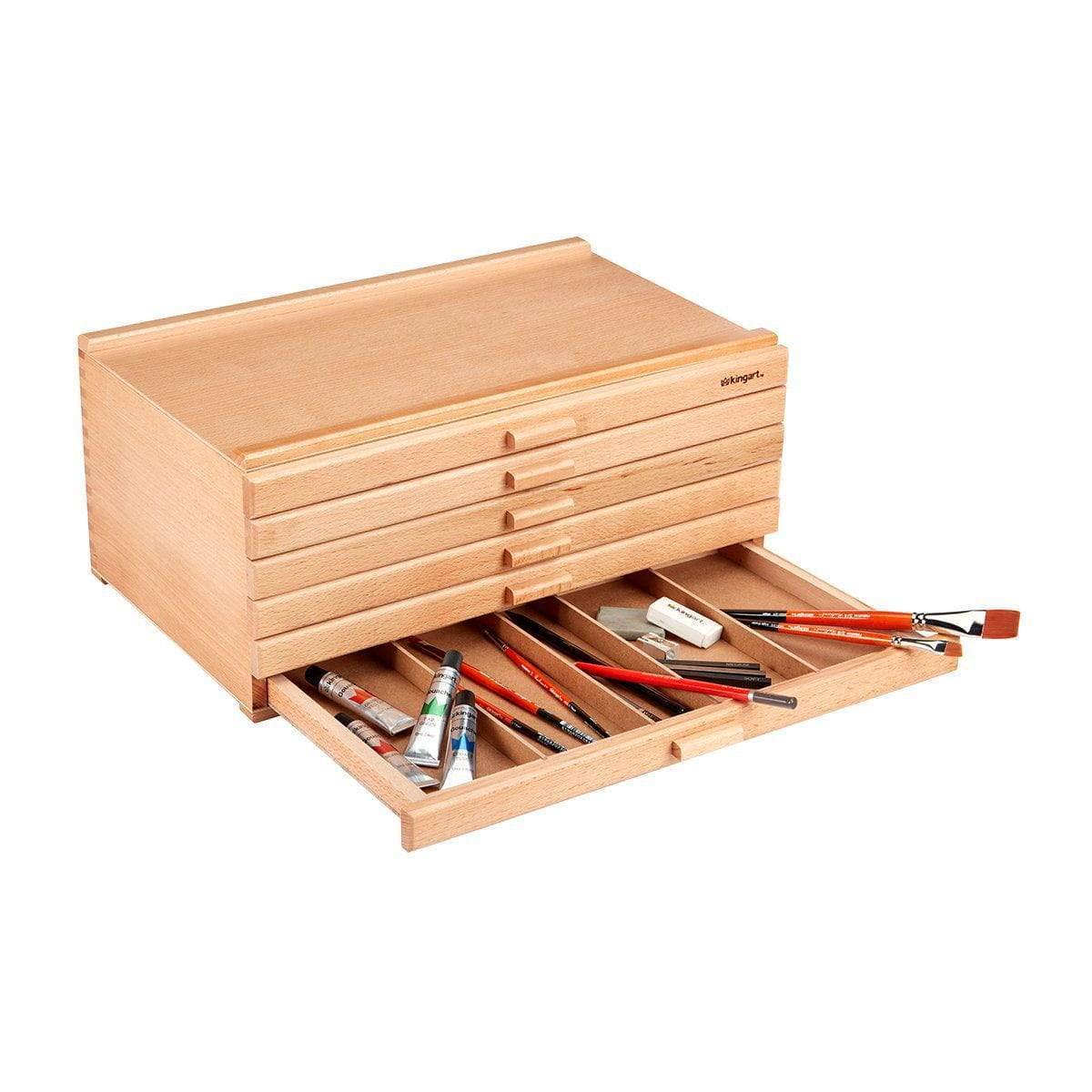 KINGART 723N Wood 6-Drawer Artist SUPPLY STORAGE BOX, 15-3/4” W x 10” D x 6-1/2” H, Natural Finish, Storage for Art Materials including Paint Tubes, Pastels, Pencils, Markers, Brushes and more