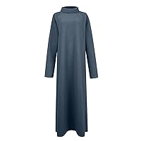 Fall Winter Thick Long Sleeve Maxi Dress for Women,Fashion Plus Size Turtle Neck Casual Smocked Flowy Long Dress