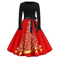 Christmas Dresses for Women Casual Fashion Snowflake Print Long Sleeve Dress Cutout Party Casual Round Neck Dress