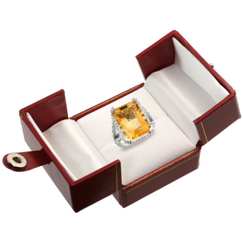 10K White Gold Diamond Natural Citrine Ring Emerald-cut 18x13mm, sizes 5-10