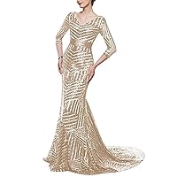 Women's Shinny Sequin Mermaid Evening Dresses Long V-Neck 3/4 Sleeves Prom Gown