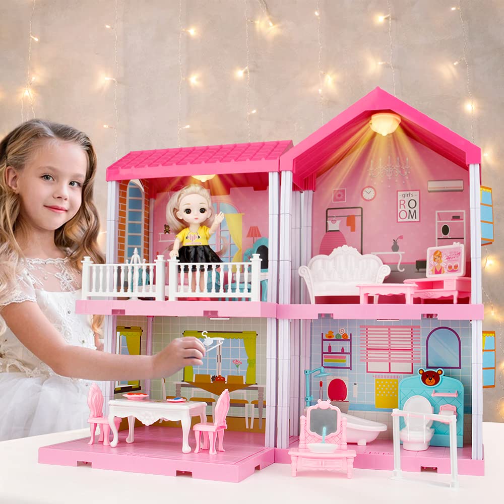 Dreamhouse Dollhouse Kit, Doll House Asseccories and Furniture, DIY Pretend Play Building Playset Toys with Doll and Lights, Dreamy Princess House for Toddlers, Kids Boys & Girls (4 Rooms)