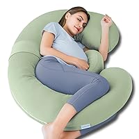 Cooling Pregnancy Pillows - E Shaped Pregnancy Pillows for Sleeping, Detachable Body Pillow for Pregnant Side Sleeper, Cooling Silky Cotton Cover, Sage Green