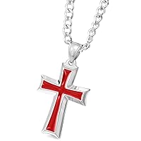 Silver Tone Red Stainless Steel Enamel Pendant Necklace Cross 23 Inch Chain