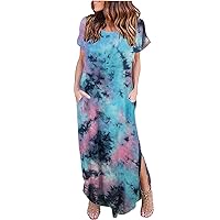 Zilcremo Women Summer Casual Maxi Dress Loose Pockets Short Sleeve Split Boho Dresses Apricot