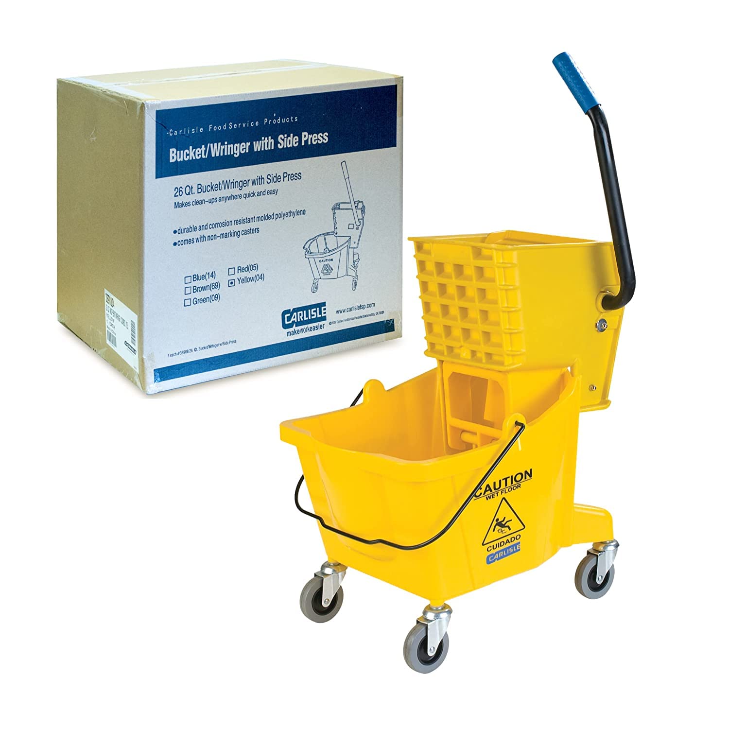 Carlisle FoodService Products Plastic Commercial Mop Bucket with Side-Press Wringer, 26 Quarts, Yellow